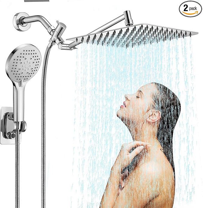 10 inch Rainfall Shower Head Combo Stainless Steel, THE FIRST WATERFALL mode, 10 Inch Rain Shower Head with Handheld 6 Spray Modes High Pressure, Overhead Shower Adjustable Extension Arm,Chrome