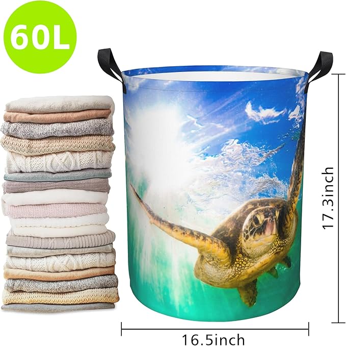 Hawaiian Green Sea Turtle Laundry Basket Foldable Laundry Hamper Waterproof Oxford Cloth Large Laundry Basket Clothes Storage Bucket Toy Organizer For Bathroom,Laundry,College 17.3 x16.5 Inch