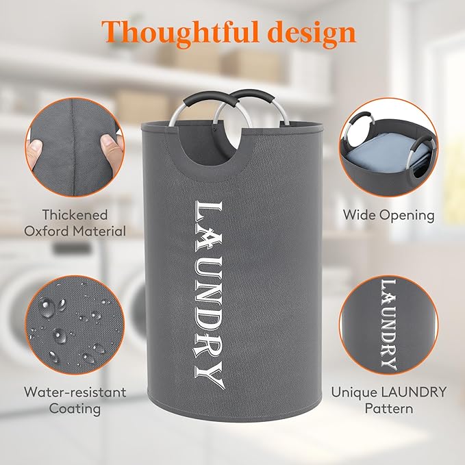 Lifewit 120L 2-Pack Large Laundry Basket, Collapsible Laundry Hamper with Aluminum Handles, Waterproof Freestanding Dirty Clothes Hampers for Laundry Room Bedroom Dorm Bathroom, Grey