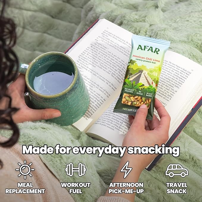 Afar Savory Protein Bars – Low Sugar, High Protein – Healthy Snacks for Adults – Meal Replacement Bar – Rice Crispy Texture – Vegan, Gluten Free (8 Bars, Mexican Chili Lime)