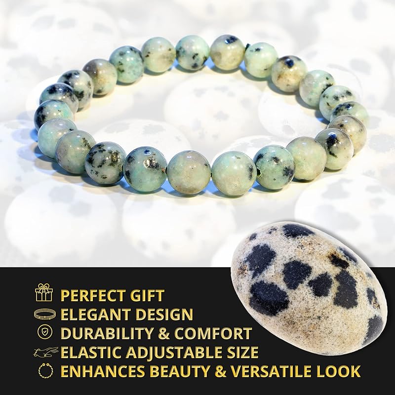 Kiwi Jasper Bracelet, Natural Healing Crystal Bracelet for Women and Men, 8mm Round Beaded Bracelet for Spiritual, Protection, Positive Energy, Elastic Adjustable Size Gemstone Bead Bracelet