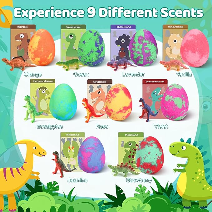 Bath Bombs for Kids with Surprise Toys Inside - 9 Pack Dinosaur Bath Bombs Gift Set, Dinosaur Toys for Kids 3 4 5 6 7 8 9 Years, Valentines Day Gifts for Kids, Birthday Gifts Bubble Bath Fizzes
