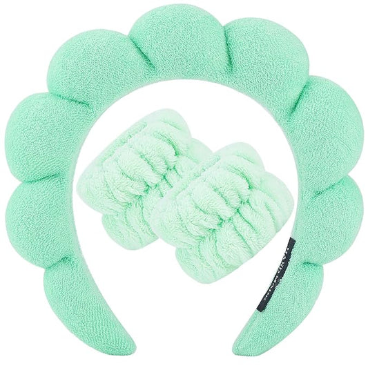 Zkptops Spa Headband for Washing Face Wristband Set Sponge Makeup Skincare Headband Wrist Towels Bubble Soft Hairband for Women Puffy Headwear Winter Non Slip Thick Thin Hair Accessory(Light Green-3)