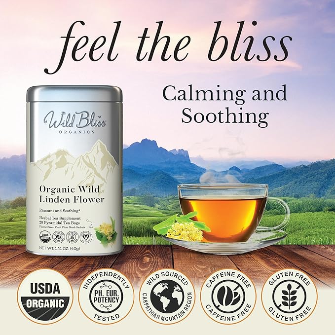 Wild Bliss Organic Linden Flower Herbal Tea - Caffeine Free Tisane - 20 Plant Based Tea Bags