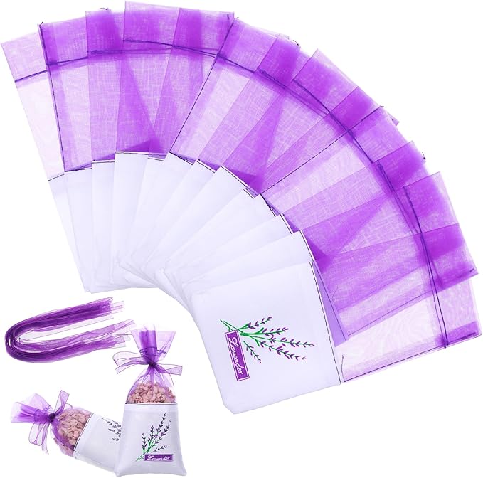 Lavender Sachet Bags Empty, 25 Pack Purple Gauze Ribbons Organza Gauze Favor Bags Sacks for Lavender, Spice(Light Purple)