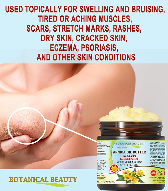 Botanical Beauty ARNICA OIL BUTTER Arnica Montana in Shea Butter 100% Natural for FACE, SKIN, BODY, HAIR, NAILS Skin Moisturizer Oil Butter, Skin Nourishing Oil Butter (4 Fl Oz)