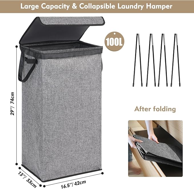 DOKEHOM 100L Laundry Basket with Lid and Removable Laundry Bags, Large Collapsible Laundry Hamper for Bedroom, Bathroom, Laundry Room, Colloge (Grey)