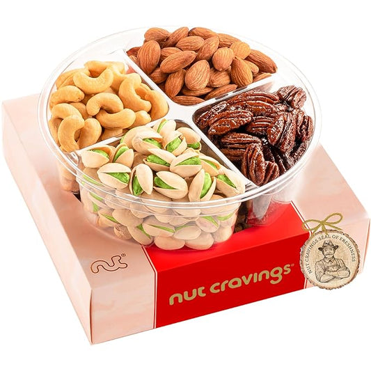 NUT CRAVINGS - Diwali Sweets Hamper Mixed Nuts Gift Basket in Red Gold Box (4 Assortments) Food Arrangement, Healthy Snack Care Package, Food Assortments