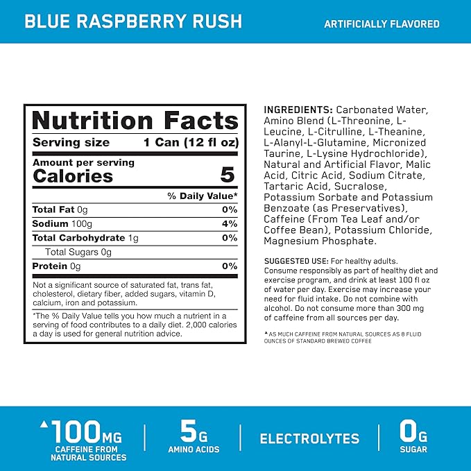 Optimum Nutrition Amino Energy Sparkling Hydration Drink, Electrolytes, Caffeine, Amino Acids, BCAAs, Sugar Free, NEW Blue Raspberry Rush, 12 Fl Oz, 12 Pack (Packaging May Vary)