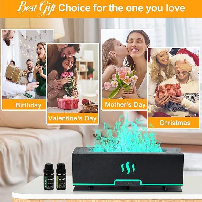 7 Colors Flame Diffuser Essential Oil Diffuser with 6 Essential Oils, 200ml Ultra-Quiet Aromatherapy Diffuser for Office Home Bedroom Aroma 360 Diffuser (Fire-Gray Set)