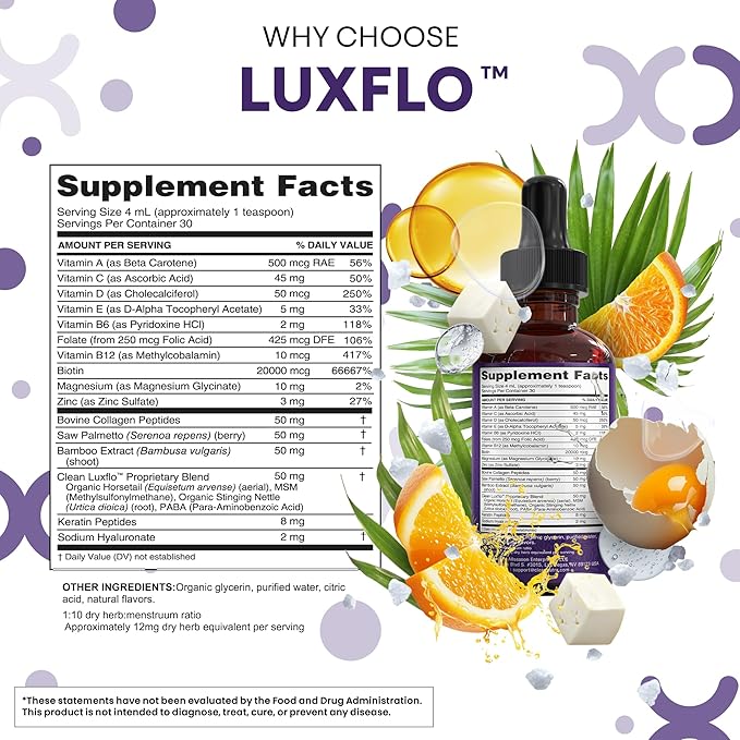 Biotin Liquid Drops Collagen Keratin Hyaluronic Acid Saw Palmetto for Hair Skin and Nails Silica Vitamin A C Vitamin D Bamboo Turmeric Zinc Folate Magnesium Horsetail LuxGlo by Clean Nutra