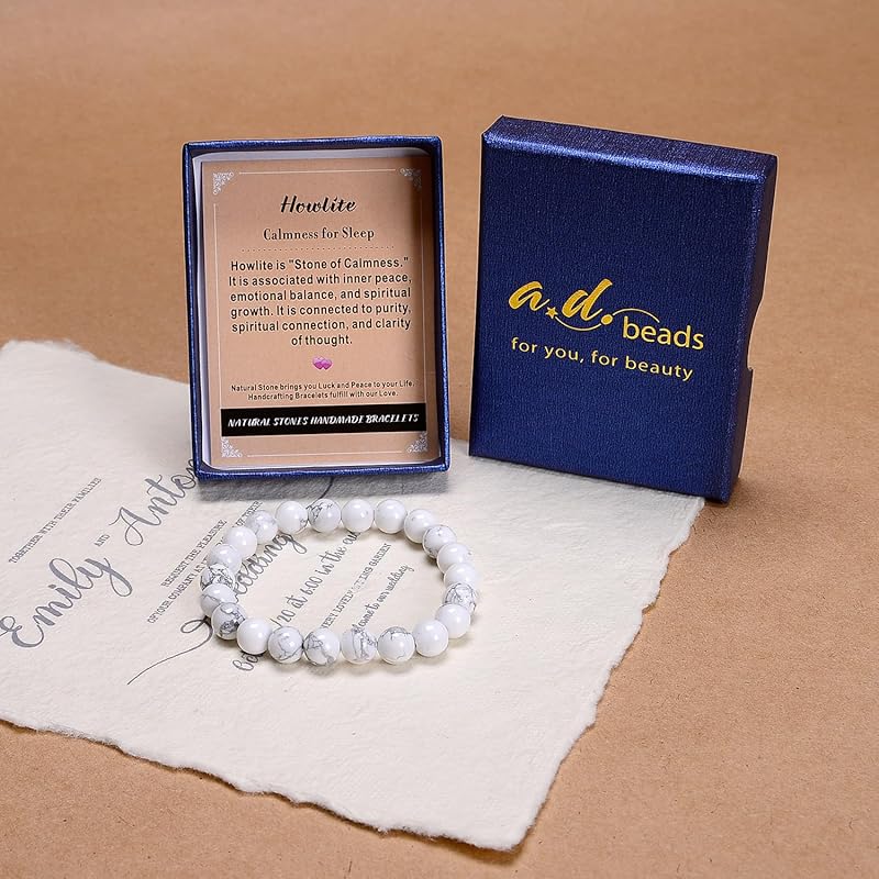 AD Beads Handmade Gemstone Stretch Elastic Bracelet Crystal Healing Reiki Nature's Beauty and Spiritual Essence Unisex (4mm, Howlite (Calmness for Sleep))