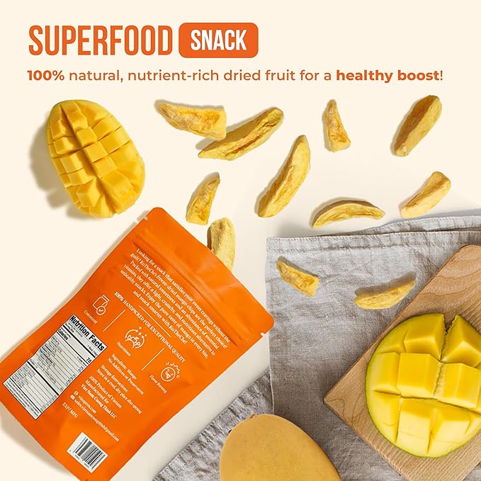 KOTHECHE Freeze Dried Mango, 0.63 oz/Bag (Pack of 4). No Sugar Added, Healthy Snack - Low Calorie Fruit Chips -Gluten Free, Vegan Snack - Dehydrated Crispy Mango in Resealable Bag, Low Carb Superfood for Kids and Adults