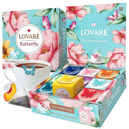 LOVARE Assorted Tea Pyramid Bags 45 Pack - Made in Ukraine - 9 Tastes of Tea Sampler Pyramids - Assortment with Black and Green Tea, Fruits, Flowers, Berries - Flavored Gift Box