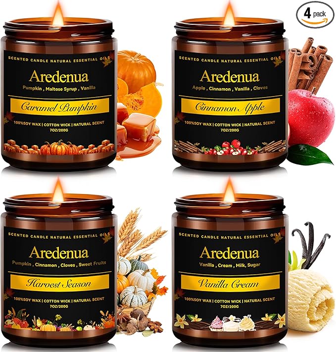 Fall Candles Set | 4 Pack Autumn Scented Candles - Fall Candle Gifts for Women Men, Soy Candles for Home Scented - Autumn Scent of - Pumpkin/Cinnamon Apple/Harvest/Vanilla Cream