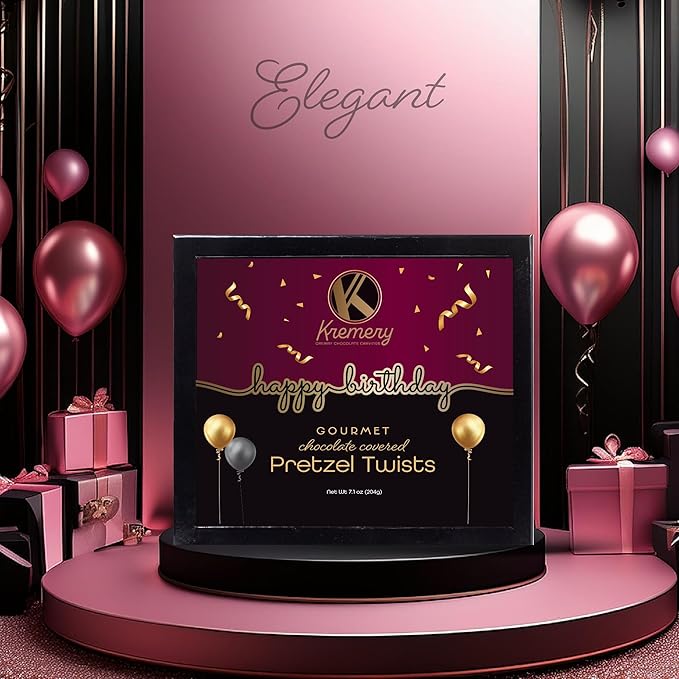 KREMERY Creamy Chocolate Cravings - Birthday Treats, Chocolate Covered Pretzel Twists Gift Basket, in Sectional Gift Box + Greeting Card (12 Pretzels, Assorted Sweet Toppings) Food Assortments