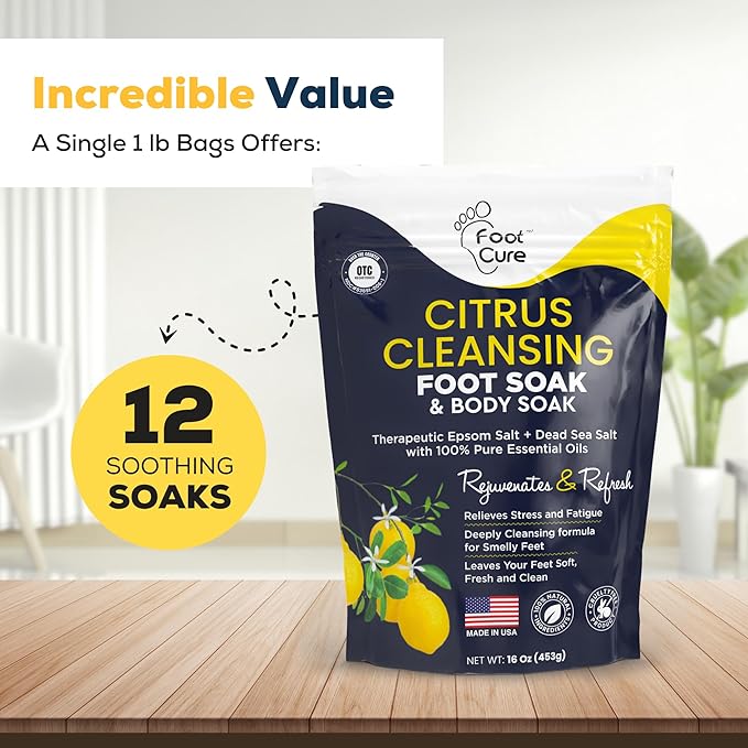 FOOT CURE Citrus Detox Foot Soak with Epsom Salts – for Foot Callus, Damaged Toenail Appearance, Pedicure Spa, and Soothing Sore, Tired Feet - 16 oz (Pack of 1)