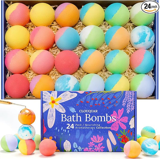 Hemp Oil Bath Bombs Gift Set, 24 Pack Natural Bubble Bath Spa Kit with Pure Essential Oils, Refreshing & Relaxing Bath Gift for Birthday, Mother’s Day & Valentine’s Day