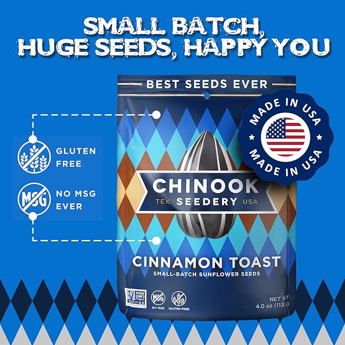 Chinook Seedery Roasted Jumbo Sunflower Seeds - Keto Snacks - Best For Snack Packs - Gluten Free, Non GMO Snack Food Gifts - 4 ounce (Pack of 3) - Cinnamon Toast Flavor