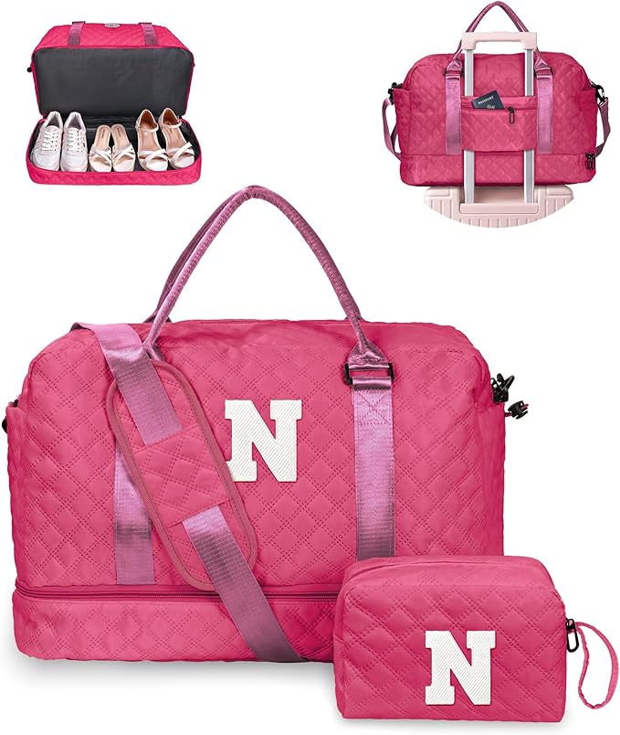 Gifts for Teen Girls 16-18, Birthday Gift-Initial Travel Bag with Shoe Compartment, Personalized Weekender Bag, Monogram Overnight Bag for Women, Letter Travel Bag with Makeup Bag (Letter N)