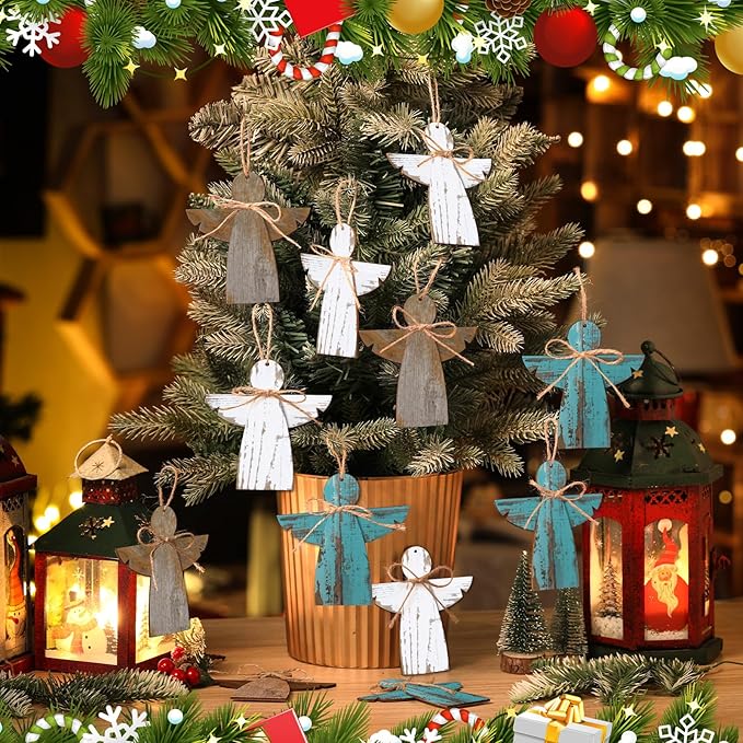 30 Pcs Angel Christmas Ornaments Bulk Wooden Rustic Farmhouse Christmas Tree Hanging Craft Decorations Small Wood Ornament Bulk White Brown Blue Ornament for Xmas Tree Home Decor