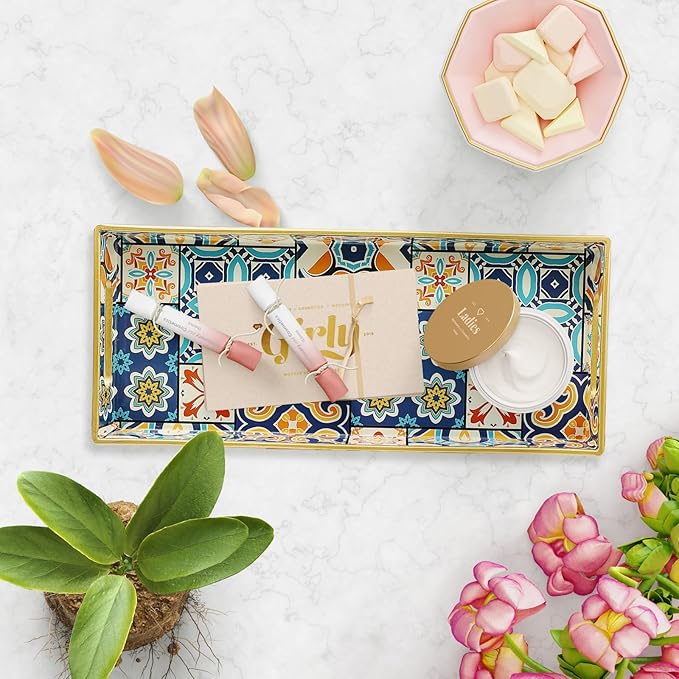 Bathroom Vanity Tray for Countertop, Small Plastic Toilet Tank Tray Versatile Storage & Organization Tray for Makeup, Perfume, Desk, Kitchen, Candles, 13.7"x6"x1.4", 35Boho2