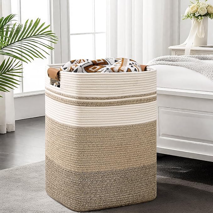 Laundry Hamper, 95L Tall Laundry Basket with Leather Handles, Rectangle Large Clothes Hamper for Organizing, Cotton Woven Laundry Baskets Storage Hampers for Bedroom, Nursery, Living Room