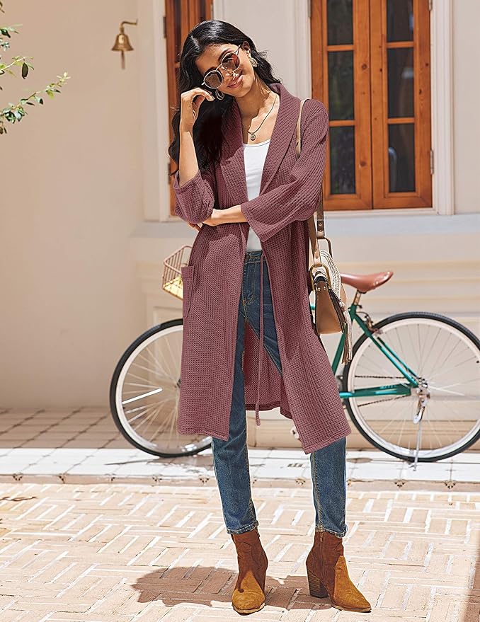 Ekouaer Robes for Women Waffle Knit Bathrobe Lightweight Kimono Robe Knee Length Loungewear with Pockets