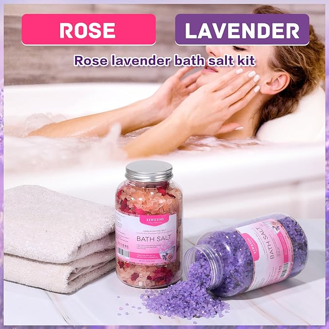 Bath Salts kit Himalayan Pink Salt -46 oz, Pack of 2 Natural Epsom Salt Rose, and Lavender- Essential Oils Relaxes and Better Sleep Foot Soak Tea Tree Oil Soaking & Bathing