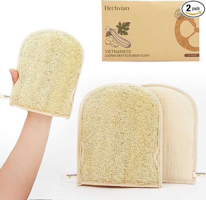 Premium Vietnamese Natural Loofah Gloves – Exfoliating Body Scrubber Mitts with Thumb Holes, Easy Grip Design, for Men & Women, Shower & Bath (Pack of 2)