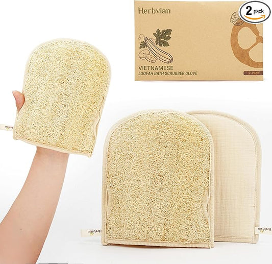 Premium Vietnamese Natural Loofah Gloves – Exfoliating Body Scrubber Mitts with Thumb Holes, Easy Grip Design, for Men & Women, Shower & Bath (Pack of 2)