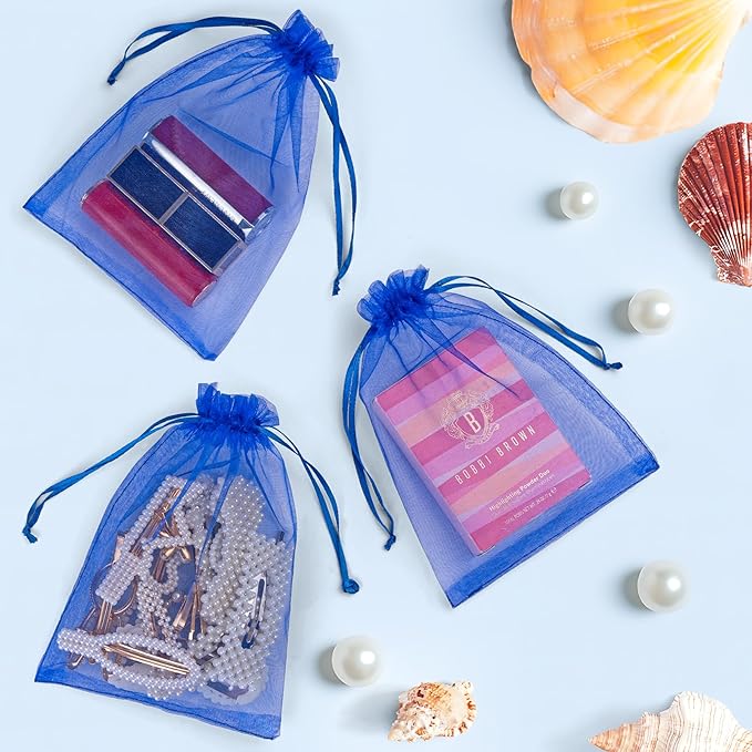 ANZNKU 100 Pack Organza Bags 5x7 Inch, Mesh Bag Drawstring Mesh Gift Bags Small Packaging Bag for Baby Shower, Party Favors(Royal Blue)