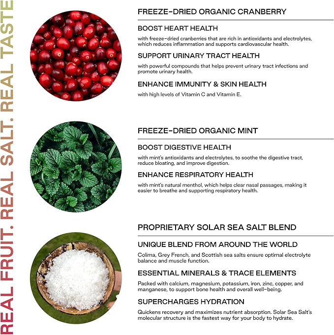 Know Brainer New! Purest Electrolyte Cranberry Mint Powder Packets – Whole Food Hydration - Organic Freeze-Dried Fruits and Solar Sea Salts for Ultimate Electrolyte Balance