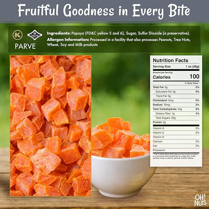 Oh! Nuts Dried Papaya Chunks - 2 lb - Dried Fruit Chunks - Less Sugar Added - Dehydrated Fruit Bites - Packed in New York Zip-Seal Bag for Exceptional Freshness