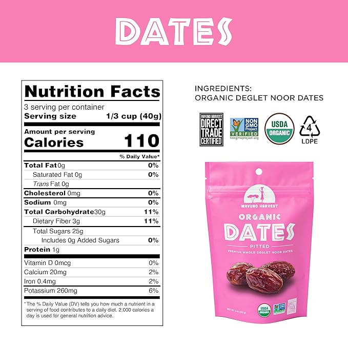 Mavuno Harvest Pitted Dates Dried Fruit Snacks | Organic Dried Dates | Healthy Snacks for Kids and Adults| Deglet Noor Dates | No Sugar Added, Vegan, Non GMO | Resealable 4 Ounce Bags, Pack of 3
