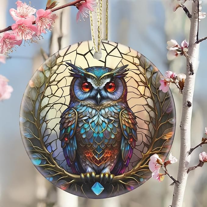 Christmas Ornament - Owl Decor Round Ceramic - Owl Hanging Ornament - Christmas Tree Decor - Owl Ornaments for Christmas Tree - Gifts for Owl Lovers - Owl Themed Gifts