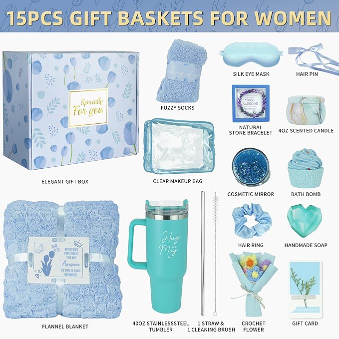 15PCS Birthday Gifts for Women, Relaxing Spa Gifts Baskets for Her, Care Package with Luxury Flannel Blanket and 40 oz Tumbler, Valentines, Mothers Day, Christmas Women's Gift for Mom, Wife, Friends