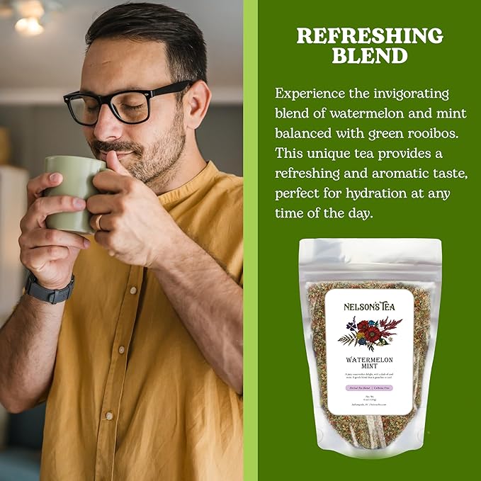 Nelson's Tea Watermelon Mint Tea Loose Leaf - Caffeine Free Green Rooibos Tea with Spearmint, Echinacea, Linden Leaf, Coriander, Safflower and Eucalyptus (3.2 oz)