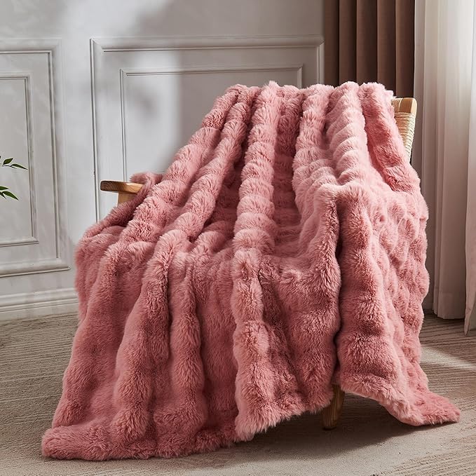 Lotus Karen Faux Fur Blanket Old Pink Queen Size - Big Bubble Rabbit Fluff Throw for Couch Small Fluffy Fuzzy Cozy Thick Furry Plush Shaggy Blankets 90x90 Inches