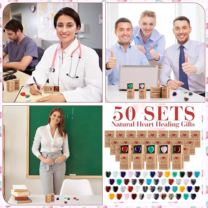 Landical 50 Sets Pocket Hug Token Gifts Small Crystal Heart Stones Bulk with Boxes Mini Heart Shape Natural Stones for Colleagues Family Distance Social Celebration of Life Gifts(Classic)