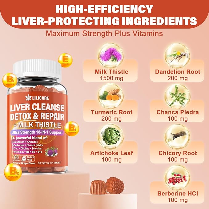 Milk Thistle Liver Detox Gummies, 18-IN-1 Liver Cleanse Detox & Repair Supplement with Berberine, Chicory Root, Turmeric, Artichoke, Dandelion Root, Chanca Piedra, Vitamins B6 B12-Sugar Free,Pack of 2