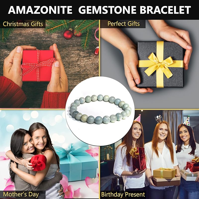 Amazonite Crystal Bracelet – Protection Healing Crystal Bracelet for Women and Men – 8mm Round Beaded Bracelet for Emotional Balance – Adjustable Size Gemstone Bracelet for Attract Good Luck