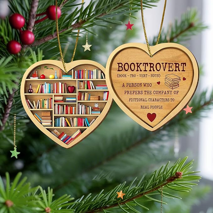 Book Ornament for Christmas Tree, 2 Sides Print Ornament, Bookshelf Wooden Ornament, Book Themed Decor, Book Lover Gifts for Christmas, Booktrovert
