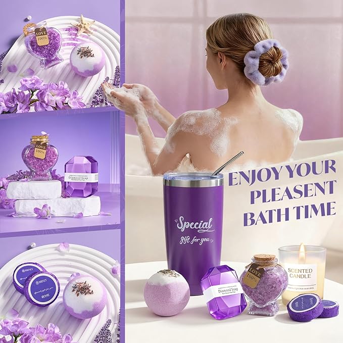 Briney 14Pcs Birthday Gifts for Women, Care Package for Women, Gift Basket, Unique Relaxing Lavender Themed Present for Mom Wife Sister Best Friend, Purple