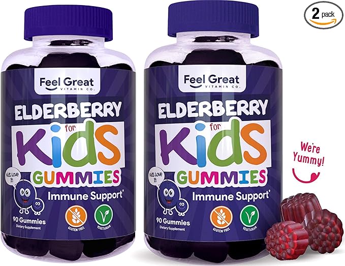 Feel Great Kids Elderberry Gummies with Zinc and Vitamin C (2-Pack) | Immune Support Sambucus Elderberry | Berry Flavored Vegan Multivitamins | 90 Count