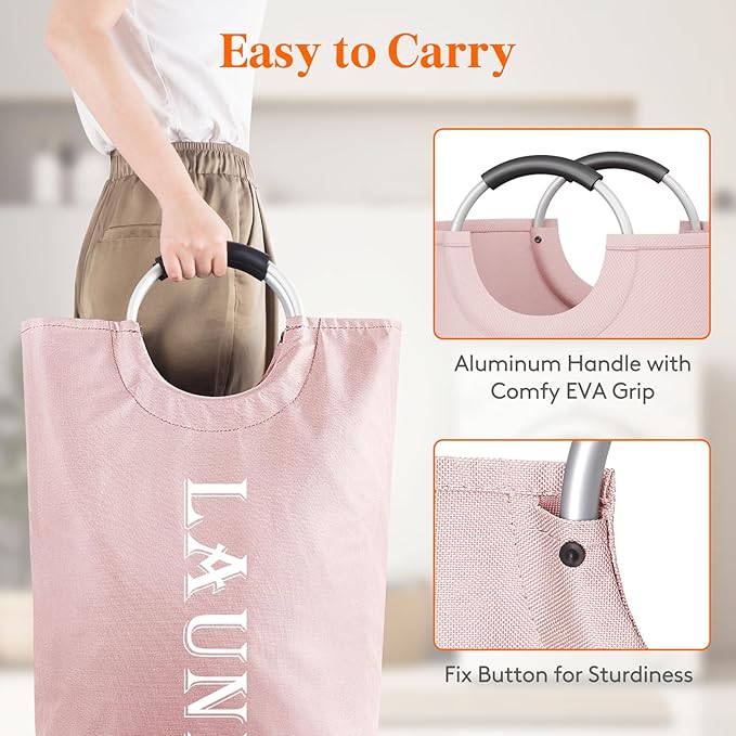 Lifewit 100L 2-Pack Large Laundry Basket, Collapsible Laundry Hamper with Aluminum Handles, Waterproof Freestanding Dirty Clothes Hampers for Laundry Room Bedroom Dorm Bathroom, Pink