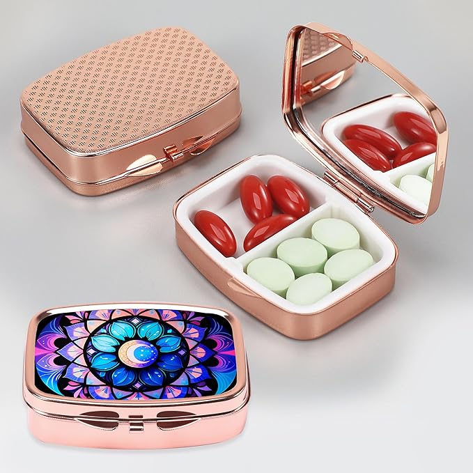 Dynippy Pill Case Pill Box with Mirror Retro Pocket 2 Compartment Medicine Case Vitamin Pill Organizer for Pocket Purse and Travel (Rose Gold-Moon Flower)