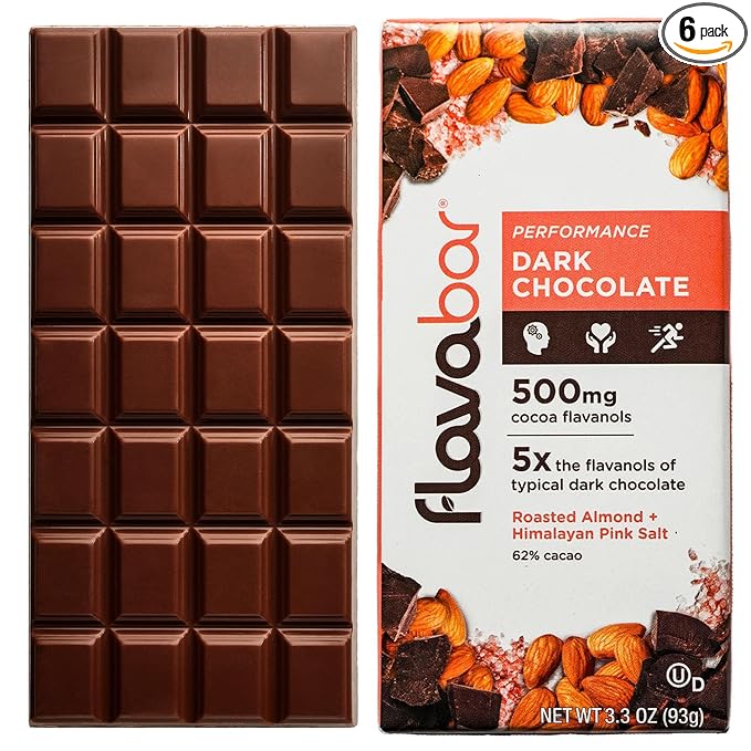 FlavaBar Performance Dark Chocolate | 500mg Cocoa Flavanols | Roasted Almond + Himalayan Pink Salt | 6 Pack, 3.3 oz bars