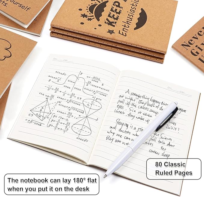 feela 8 Pack Cute Kraft Notebooks, 8 Designs Mini Pocket A6 Notebook Journal Notepad, Lined Small Motivation Blank Journal Bulk for Women Kids Students Gift School Supplies, 4.1X5.8 in, 80 Pages