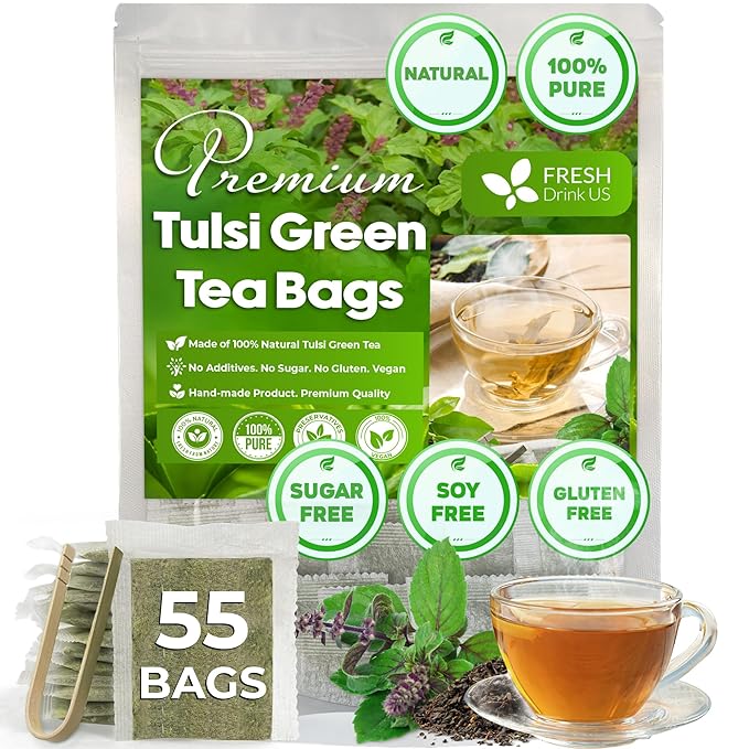 FreshDrinkUS, Premium 55 Tulsi Green Tea Bags, 100% Natural, Blend of Tulsi Holy Basil Leaves, and Green Tea Leaves. Made with Natural Material Tea Bags. No Sugar, Vegan.